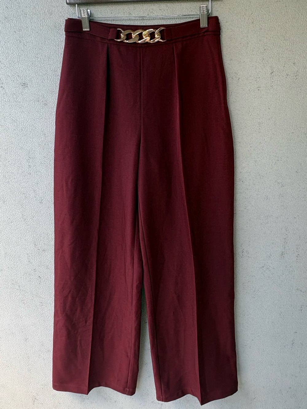 Commense NWT Burgundy Gold Chain Pleated Wide Leg Trousers S